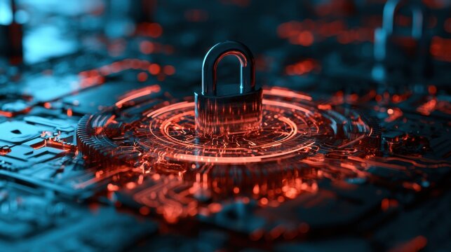 Secure server platform with cybersecurity padlock icon, idea for cloud security, data protection, network privacy
