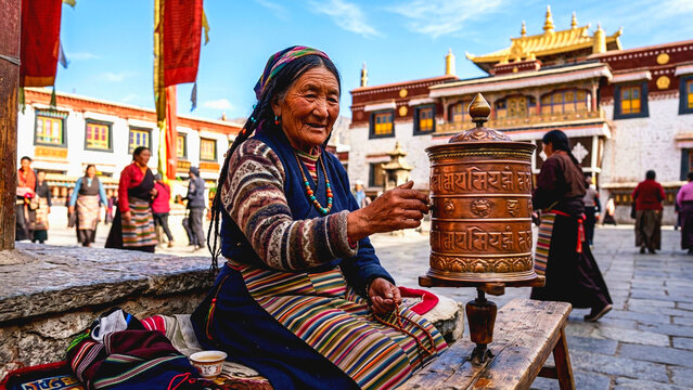 Elderly Tibetan woman spinning a traditional copper prayer wheel at a Buddhist monastery courtyard