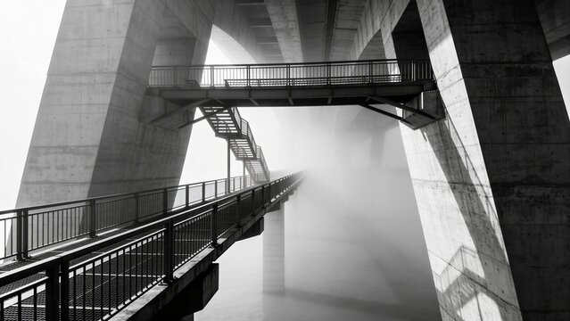 Monochrome urban brutalism architecture with strong lighting and shadows