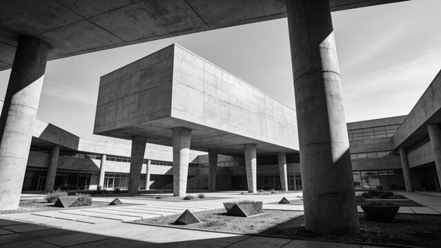Brutalist concrete architecture with bold shadows and geometric massing