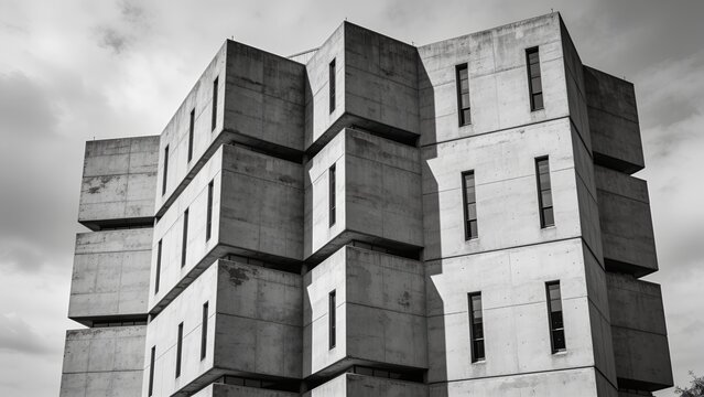Impressive brutalist architectural facade featuring heavy cantilevered blocks
