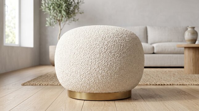 Modern round cream boucle ottoman with gold base in cozy living room
