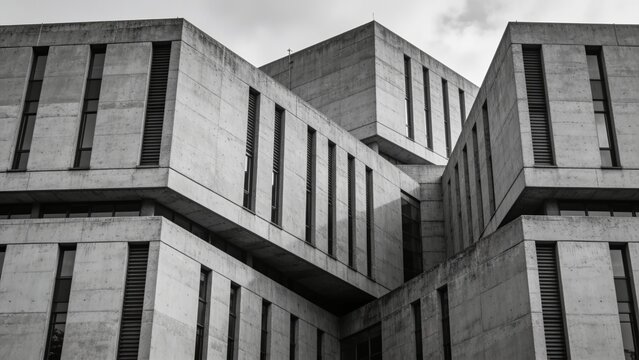 Dramatic black and white perspective of brutalist modernist concrete facade