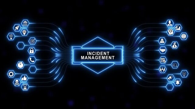 Comprehensive digital incident management system concept featuring glowing blue network connections hexagonal data nodes business technology infographic animation background
