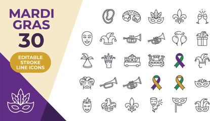 Set of thirty mardi gras line icons with illustration on transparent background Editable Stroke. © icon_vectors