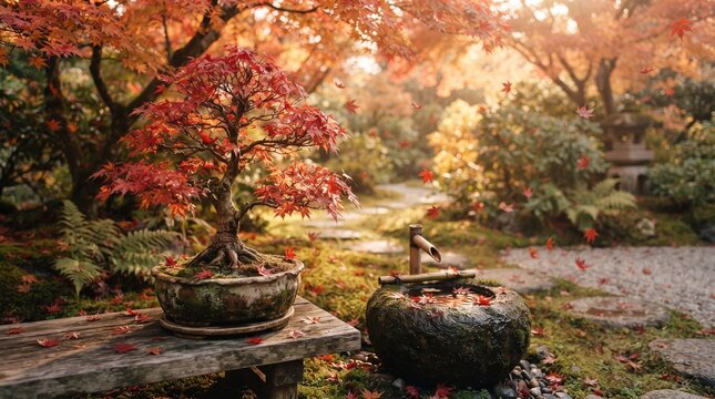 Red-leaf Japanese maple bonsai beside a tiny stone water basin, autumn garden, falling leaves, peaceful atmosphere, cinematic lighting, 8k