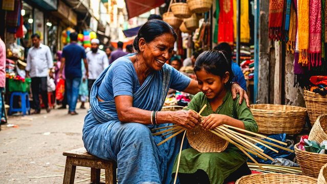 Indian mother and daughter weaving bamboo baskets together in a busy outdoor street market