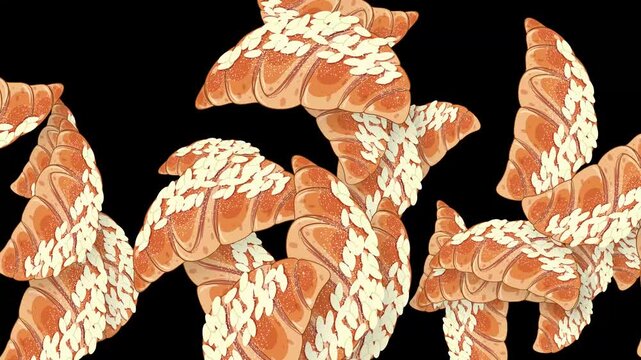 Animated Burst of Fresh Croissants Falling Against a Black Background