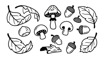 Obraz premium Autumn Harvest Doodle: A charming hand-drawn collection of autumn elements including mushrooms, acorns, fallen leaves, and a piece of wood, perfect for seasonal designs and nature-themed projects.