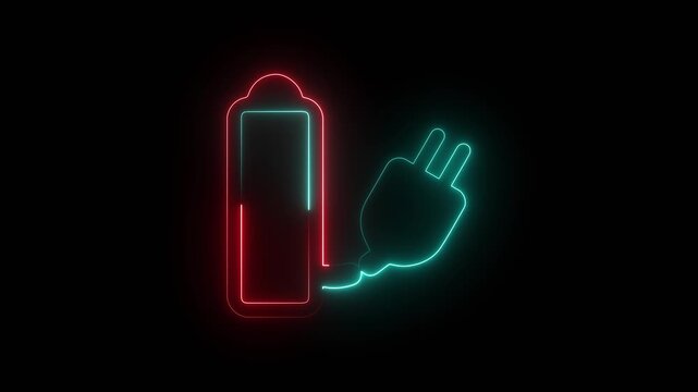 Neon battery and electric plug icon on black background