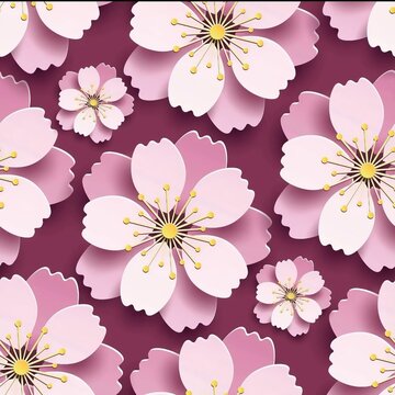 3D Paper Cut Cherry Blossom Seamless Pattern with Pink Petals on Plum Background