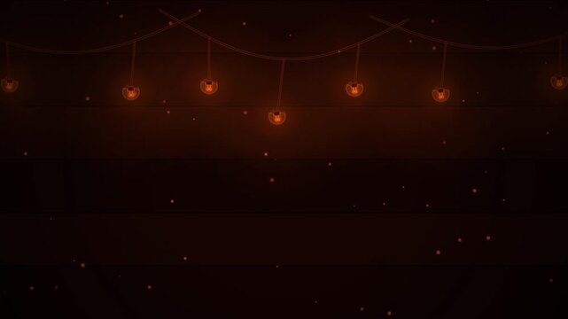 Warm hanging string lights with floating dust particles background, for holiday celebration, and cozy atmosphere