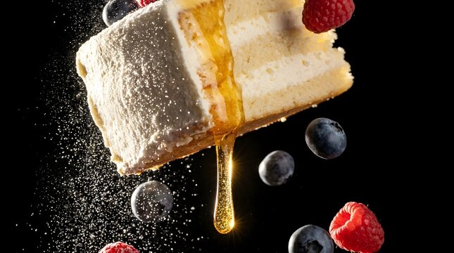 Layered sponge cake slice with syrup drizzle and berries layer cake black background powdered sugar food photography sweet dessert fruit topping tasty dessert raspberry blueberry delicious