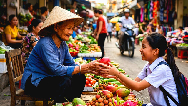 Elderly Vietnamese woman wearing a conical hat selling fresh fruit to a young girl at a street market