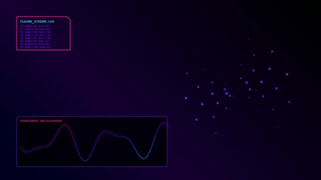 a dynamic plasma turbulence field displays flickering violet particles and rhythmic oscillating wave patterns inside a digital monitor interface with scrolling logs and glowing neon data points