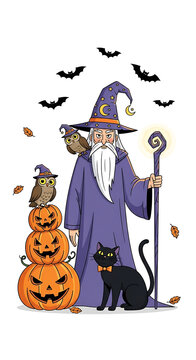 Wizard with magic staff and carved pumpkins vector art