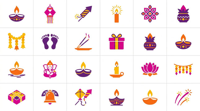 Happy diwali festival icons set featuring traditional lamps and festive