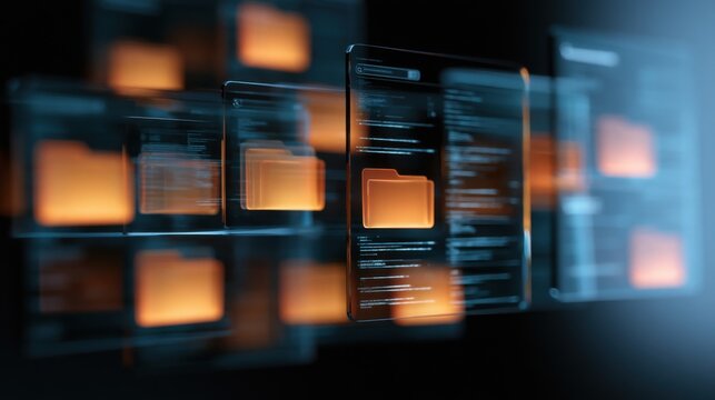 Modern glassmorphism file management interface with transparent folders and document search, idea for cloud storage, digital workspace
