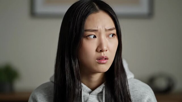 Close-up of indoor female frown expression, female frown confusion expression