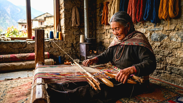 Elderly woman weaving traditional colorful fabric on a wooden loom inside a rustic stone workshop