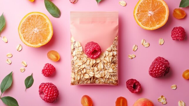 Healthy oatmeal breakfast package surrounded by fresh juicy raspberries and sliced citrus oranges on a bright soft pink background captured with a clean overhead photography perspective