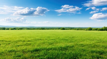 Fototapeta premium Vast green meadow under a blue sky with white clouds