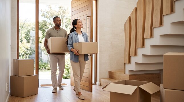 Happy Homeowners Moving Into New House and Starting a New Life Chapter