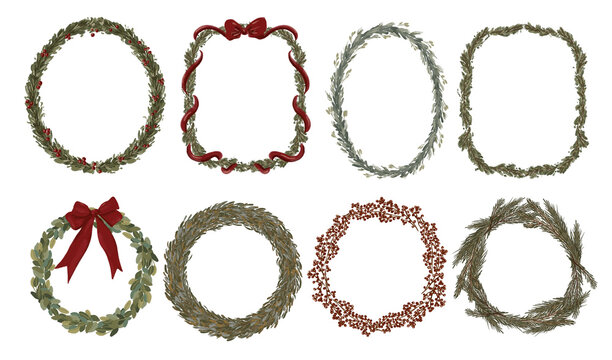 Christmas Wreath Collection with Evergreen Branches Berries and Red Bow