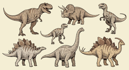 Vector illustration set featuring a diverse collection of dinosaurs including Tyrannosaurus Rex, Triceratops, Stegosaurus, and Pterosaurs on a white background for educational design. © Joko