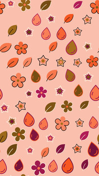 Autumnal pattern with stylized flowers, leaves, and drops