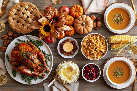 Thanksgiving feast overhead with roasted turkey, pumpkin soup, lattice pie, cranberry sauce and mashed potatoes
