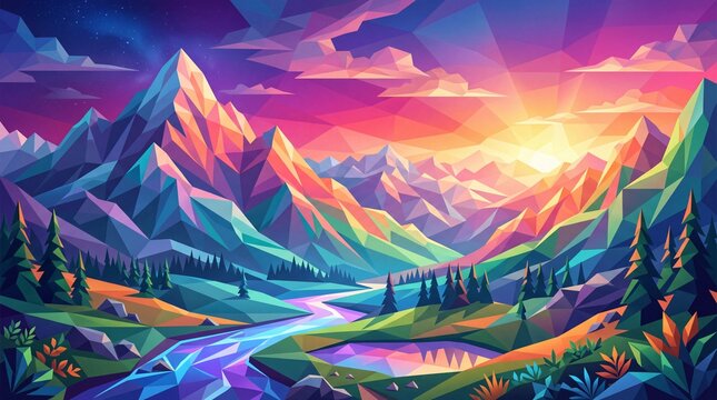 Low poly mountain landscape at sunset, geometric alpine valley with river and trees, colorful polygonal nature scenery