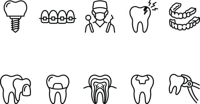 Dental Treatment and Tooth Care Line Icon Set with Implant, Braces, Crown, Root Canal, Extraction, and Dentist Symbols
