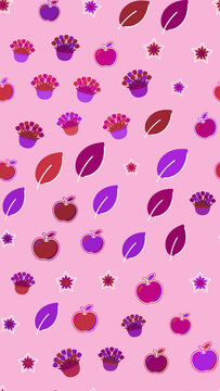 Seamless pattern of apples, leaves, and potted flowers