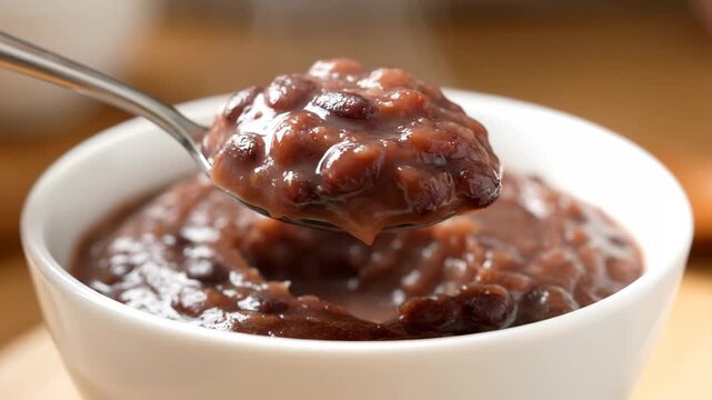 The red bean porridge in the bowl is served with a spoon, which scoops up the red bean porridge