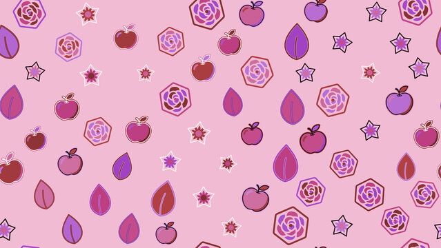 Seamless pattern of apples, leaves, stars, and floral hexagons