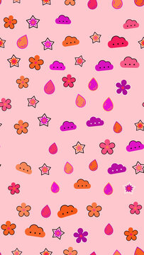 Seamless pattern with flowers, stars, clouds, and raindrops