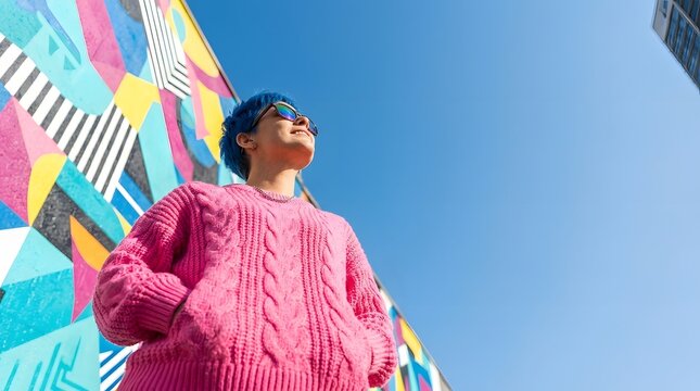 Young woman with blue hair and pink sweater posing against colorful urban mural