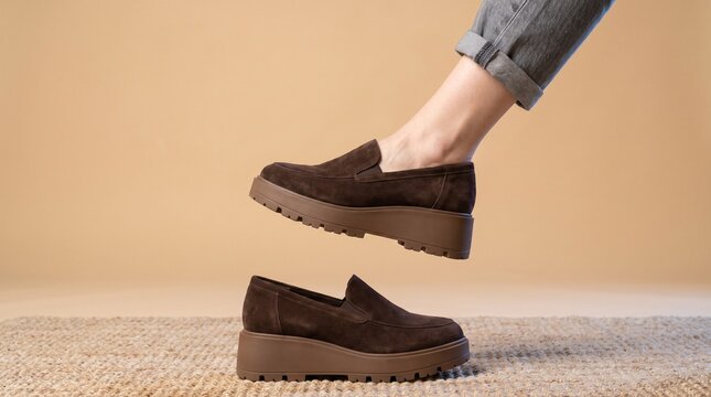 Woman Wearing Brown Suede Platform Loafers Lifting Foot Over Studio Beige Background &ndash; Fashion Mockup
