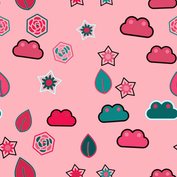 Stylized clouds, flowers, and leaves seamless pattern