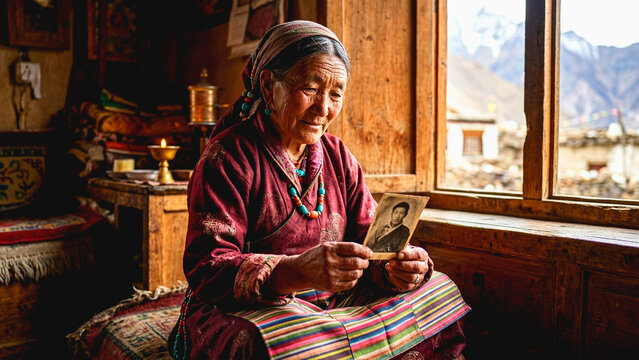 Elderly Tibetan woman holding a vintage photograph while sitting by a window in a traditional home