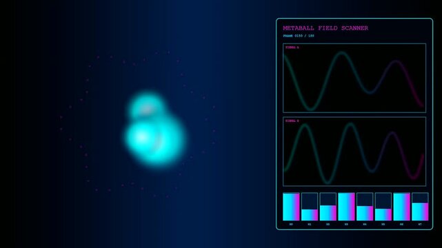 Plasma turbulence visual analysis featuring glowing blue nebulous entities moving rhythmically across dark screens showing shifting wave graphs and bar charts in a simulated scientific environment