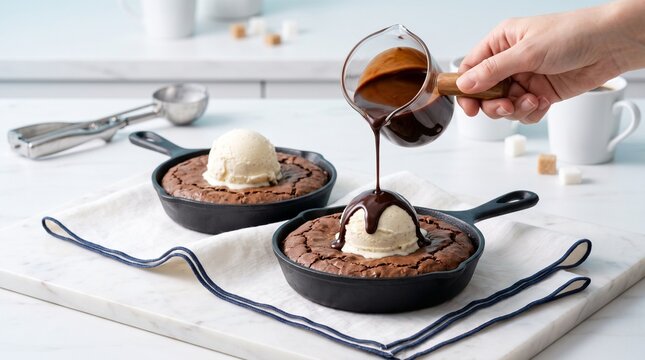 Pouring Fudge Chocolate Sauce on Vanilla Ice Cream Skillet Cookie &ndash; Decadent Warm Brownie Dessert