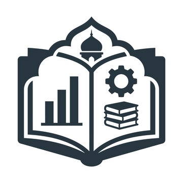 Islamic education logo vector, open book with mosque dome icon, religious study and business growth graph symbol