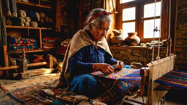 Elderly artisan weaving traditional textile on wooden loom in rustic workshop with warm lighting