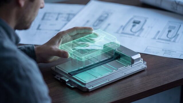 EV battery pack engineering design platform, engineer hand touching holographic battery module above physical EV battery unit with technical blueprints, electric vehicle manufacturing and energy