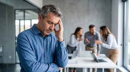 Fototapeta premium Stressed Businessman Feeling Overwhelmed by Team Conflict in Modern Office