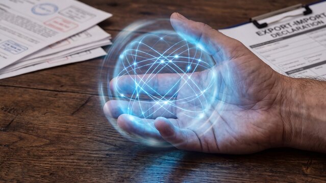 Global trade export import compliance platform, hand holding holographic energy sphere above stamped customs documents and export import declaration form, international trade and supply