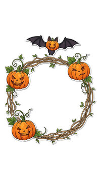 Spooky halloween wreath with carved pumpkins and twisted vines