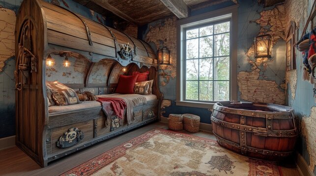 Pirate themed bedroom featuring a large wooden chest shaped bunk bed with antique world map wallpaper and warm decorative lighting inside a cozy rustic wooden interior